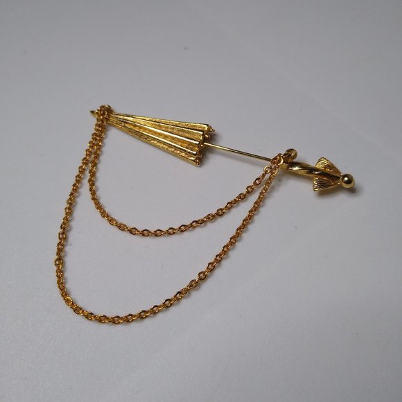 Vintage Closed Umbrella Metal Stickpin Brooch With Chains - Picture 1 of 15